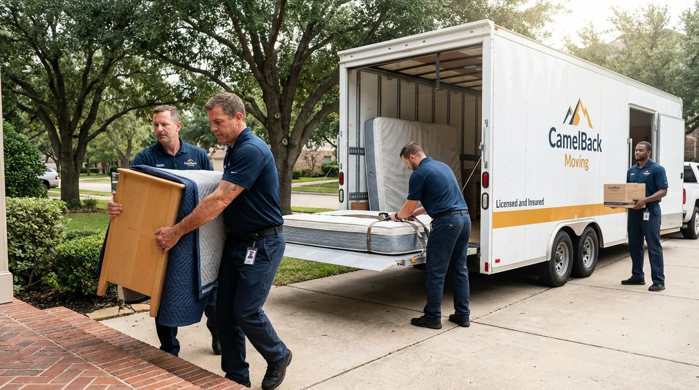 Crew loading residential truck for cross-state move from Pittsburg, TX