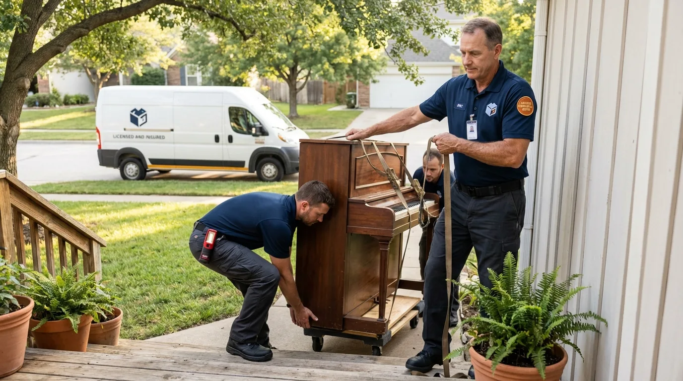 Licensed piano movers securing grand piano in Pittsburg, TX