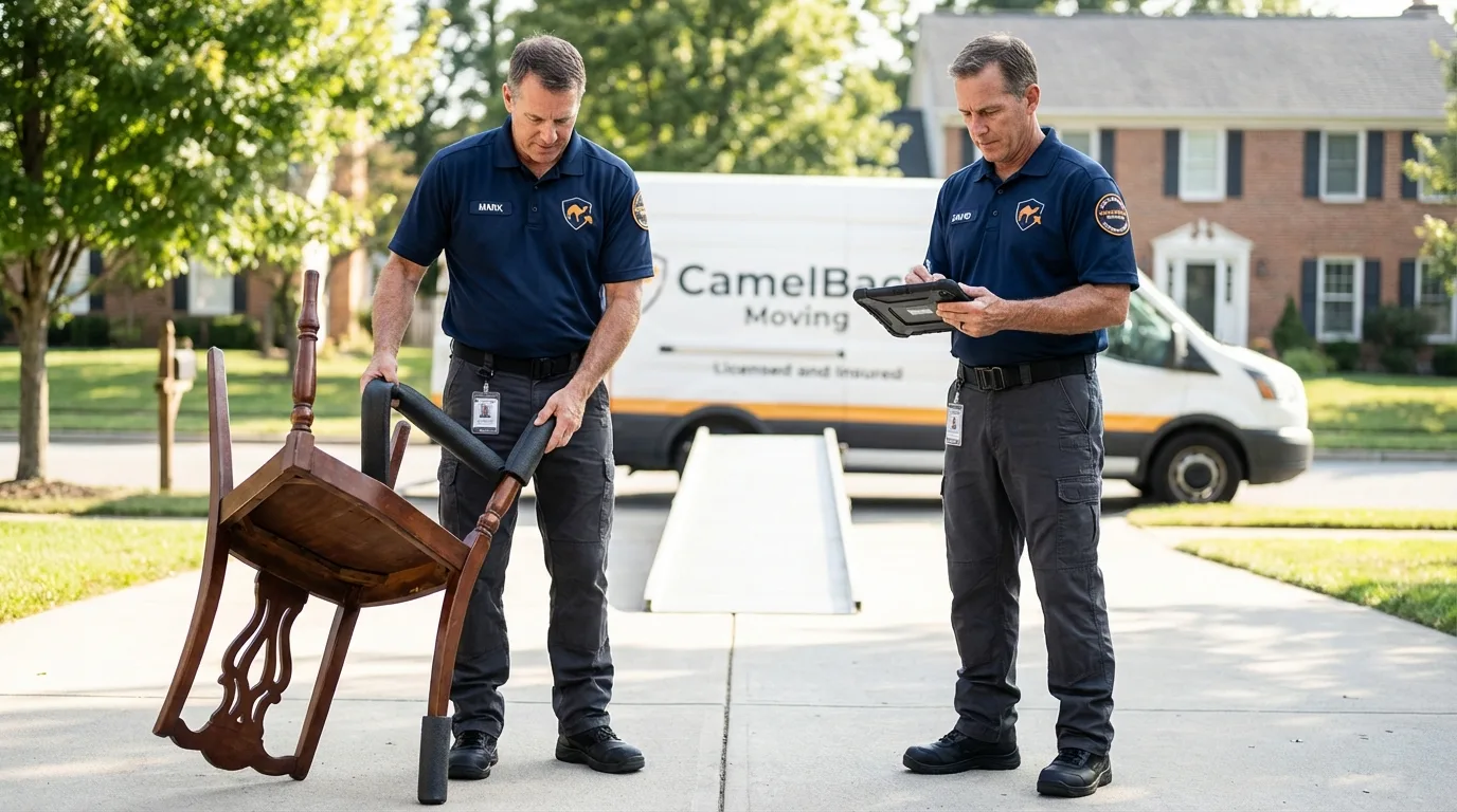 Movers inspecting furniture for damage prevention before loading in Pittsburg, TX